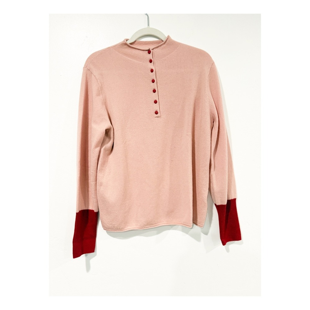 Como Boca Pink 100% Cashmere Mock Neck Button Front Sweater Red Contrast Cuffs L